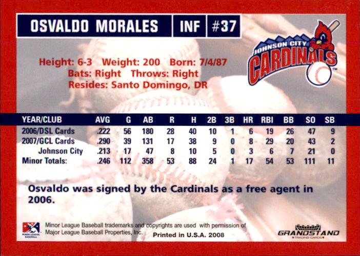 2008 Johnson City Cardinals Grandstand #21 Osvaldo Morales back image