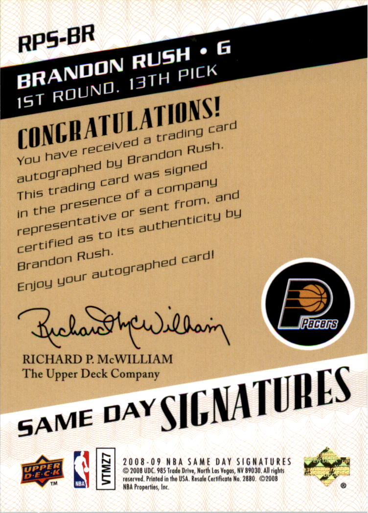 2008-09 Upper Deck Same Day Signatures #RPSBR Brandon Rush back image