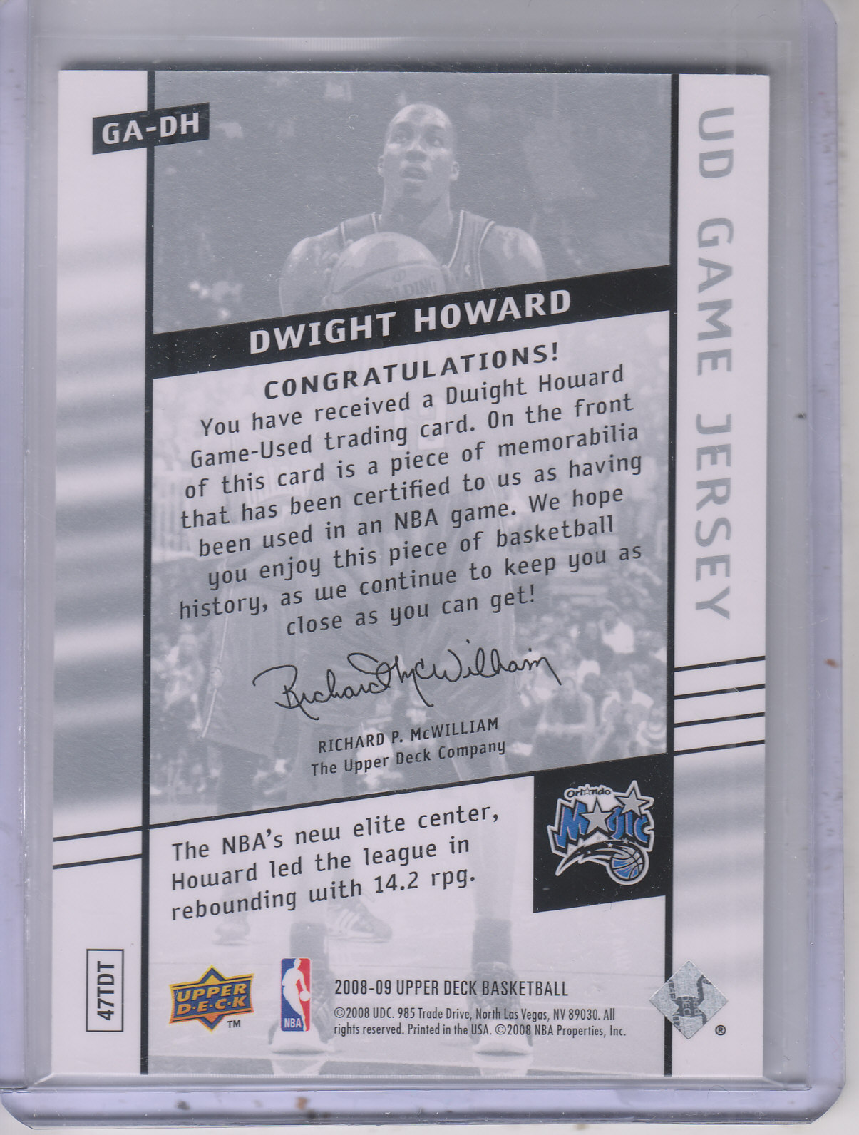2008-09 Upper Deck Game Jerseys #GADH Dwight Howard back image