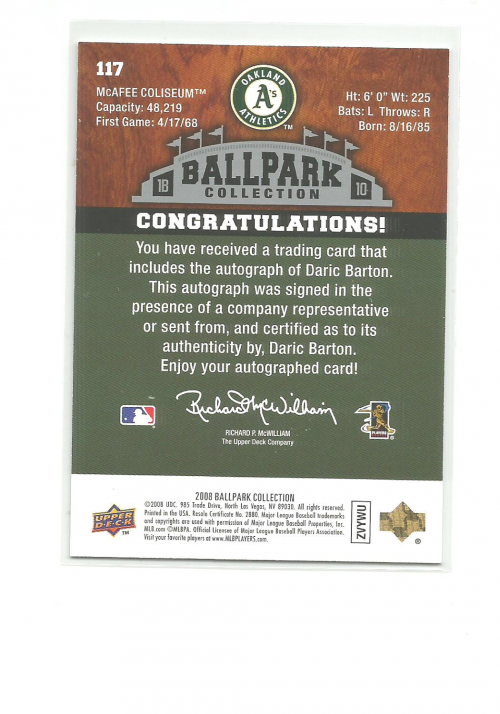 2008 Upper Deck Ballpark Collection #117 Daric Barton AU (RC) back image