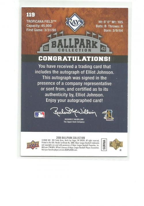 2008 Upper Deck Ballpark Collection #119 Elliot Johnson AU (RC) back image