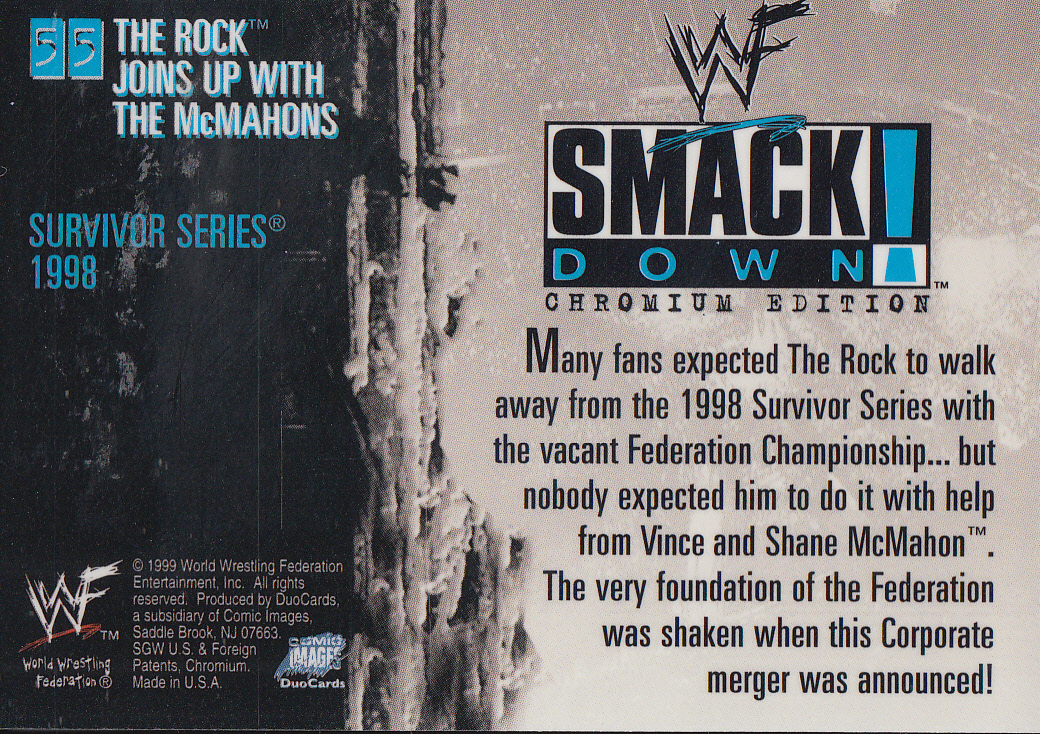 1999 Comic Images WWF SmackDown Chromium #55 Shane McMahon/The Rock/Vince McMahon back image