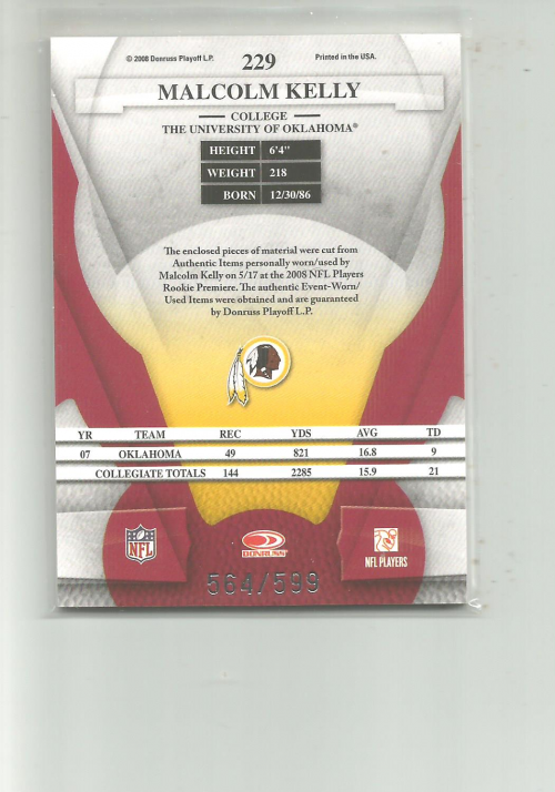 2008 Leaf Certified Materials #229 Malcolm Kelly JSY RC back image