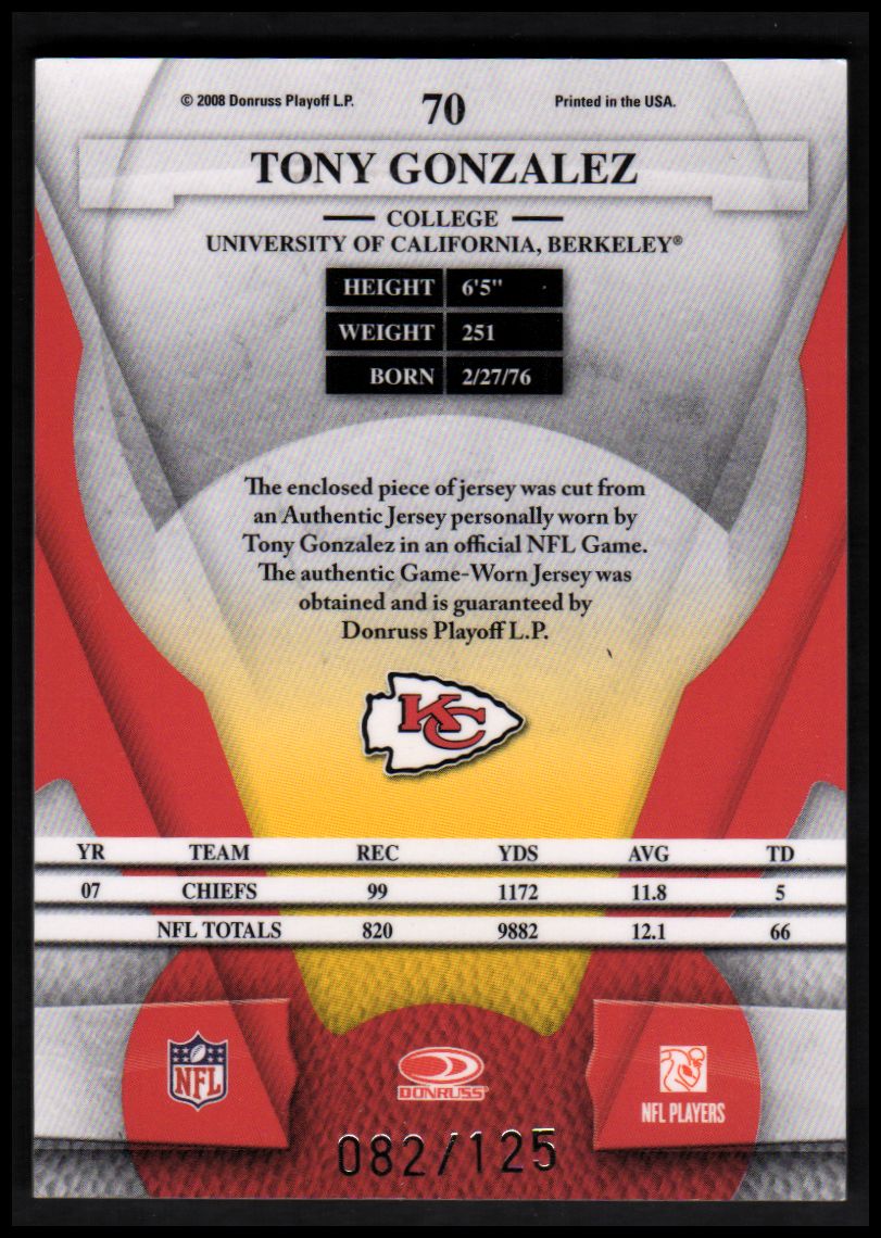 2008 Leaf Certified Materials Mirror Red Materials #70 Tony Gonzalez/125 back image