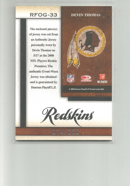 2008 Leaf Certified Materials Rookie Fabric of the Game #33 Devin Thomas back image