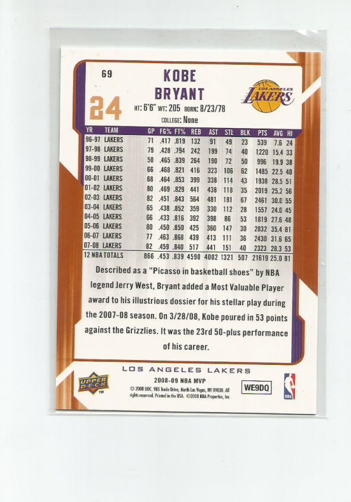 2008-09 Upper Deck MVP #69 Kobe Bryant back image