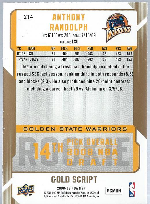 2008-09 Upper Deck MVP Gold Script #214 Anthony Randolph back image