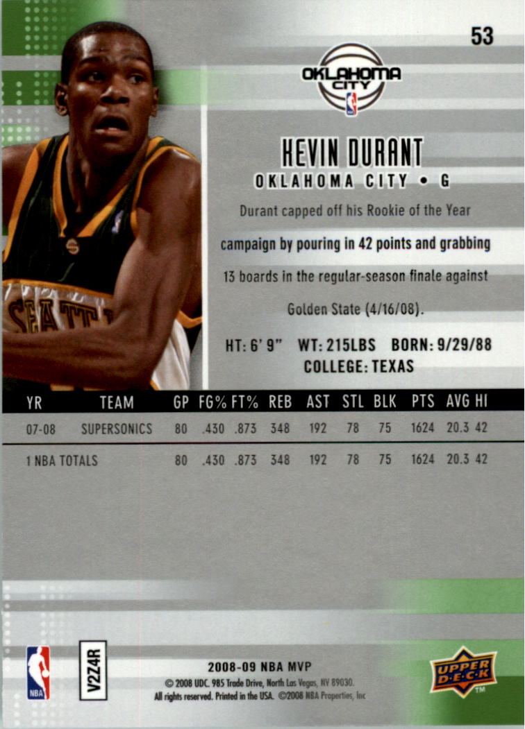 2008-09 Upper Deck MVP Victory #53 Kevin Durant back image