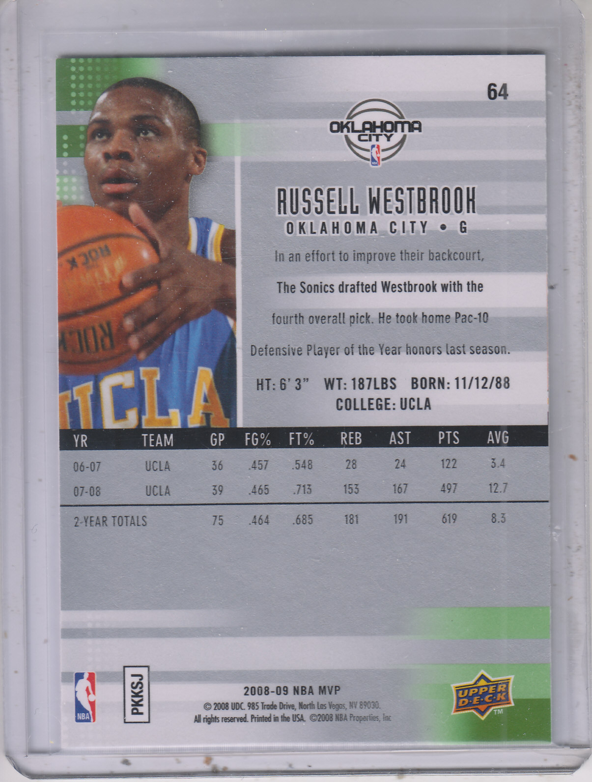2008-09 Upper Deck MVP Victory #64 Russell Westbrook back image