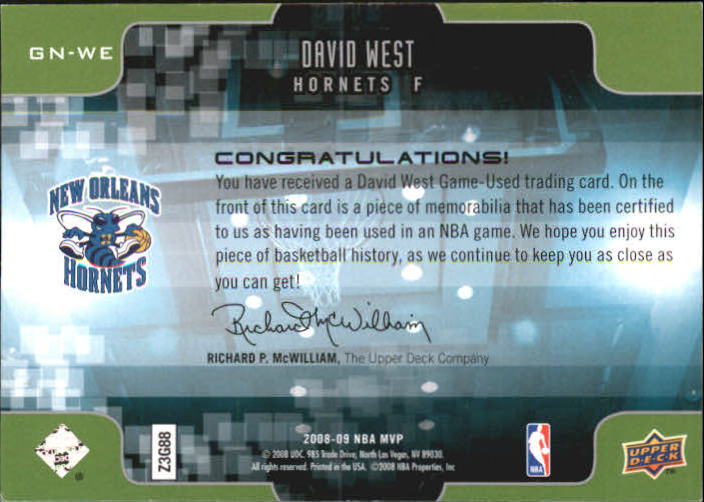 2008-09 Upper Deck MVP Game Night Souvenirs #GNWE David West back image