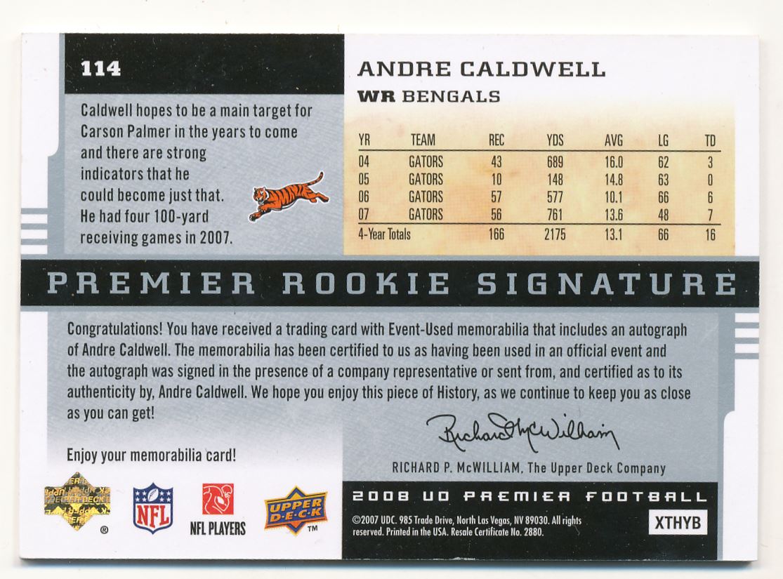 2008 Upper Deck Premier Silver #114 Andre Caldwell JSY AU back image