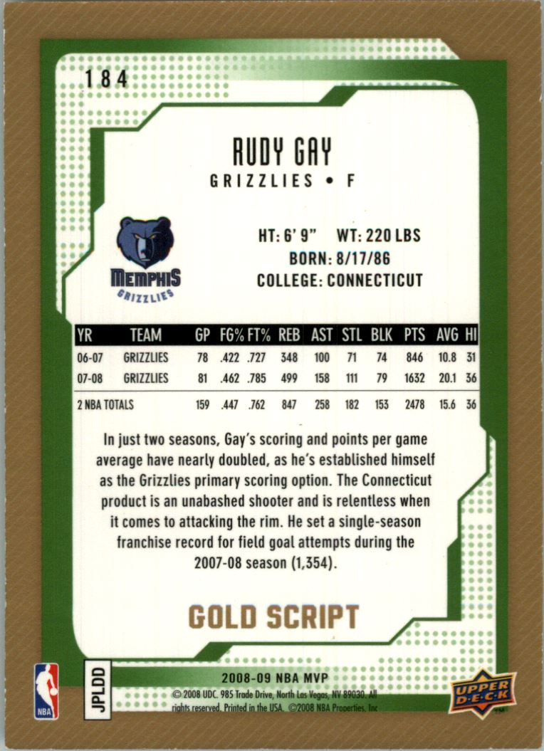 2008-09 Upper Deck MVP Gold Script #184 Rudy Gay back image