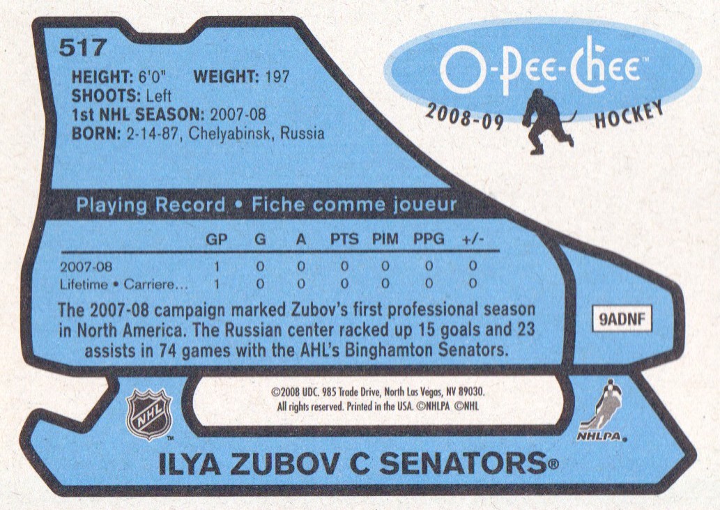 2008-09 O-Pee-Chee 1979-80 Retro #517 Ilya Zubov back image