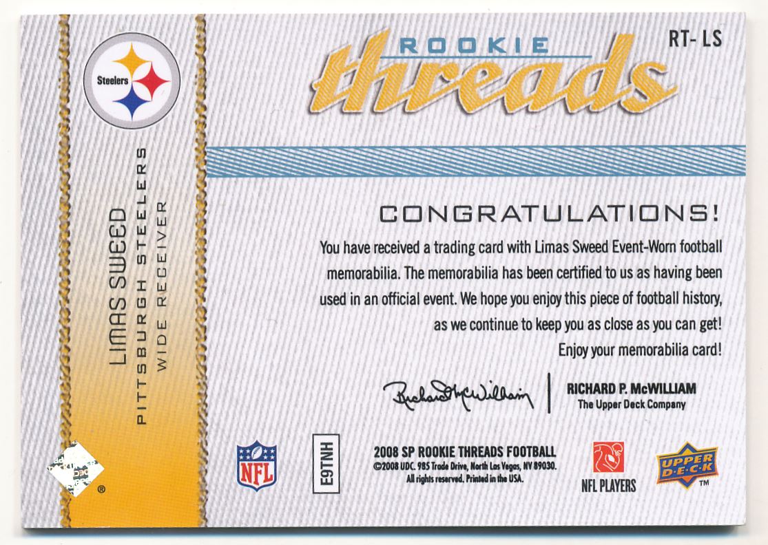 2008 SP Rookie Threads Rookie Threads Jersey Number #RTLS Limas Sweed/14 back image
