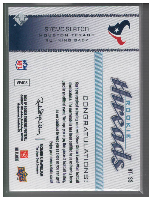 2008 SP Rookie Threads Rookie Threads 99 #RTSS Steve Slaton back image