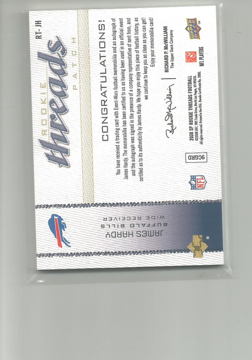 2008 SP Rookie Threads Rookie Threads Patch Autographs 25 #RTJH James Hardy back image
