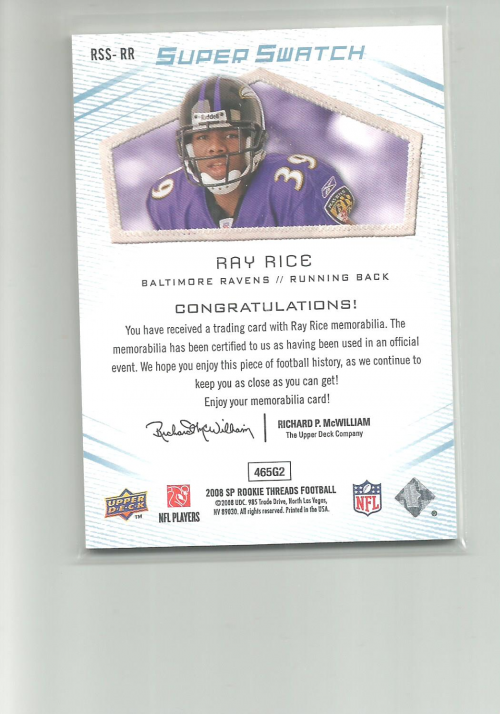 2008 SP Rookie Threads Rookie Super Swatch Blue 175 #RSSRR Ray Rice back image
