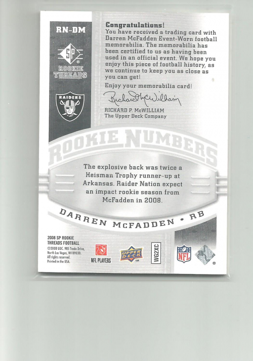 2008 SP Rookie Threads Rookie Numbers Silver 135 #RNDM Darren McFadden back image