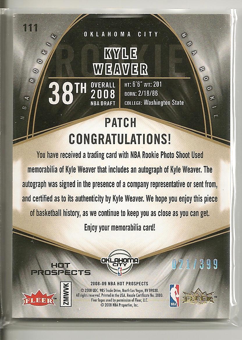 2008-09 Hot Prospects #111 Kyle Weaver JSY AU RC back image