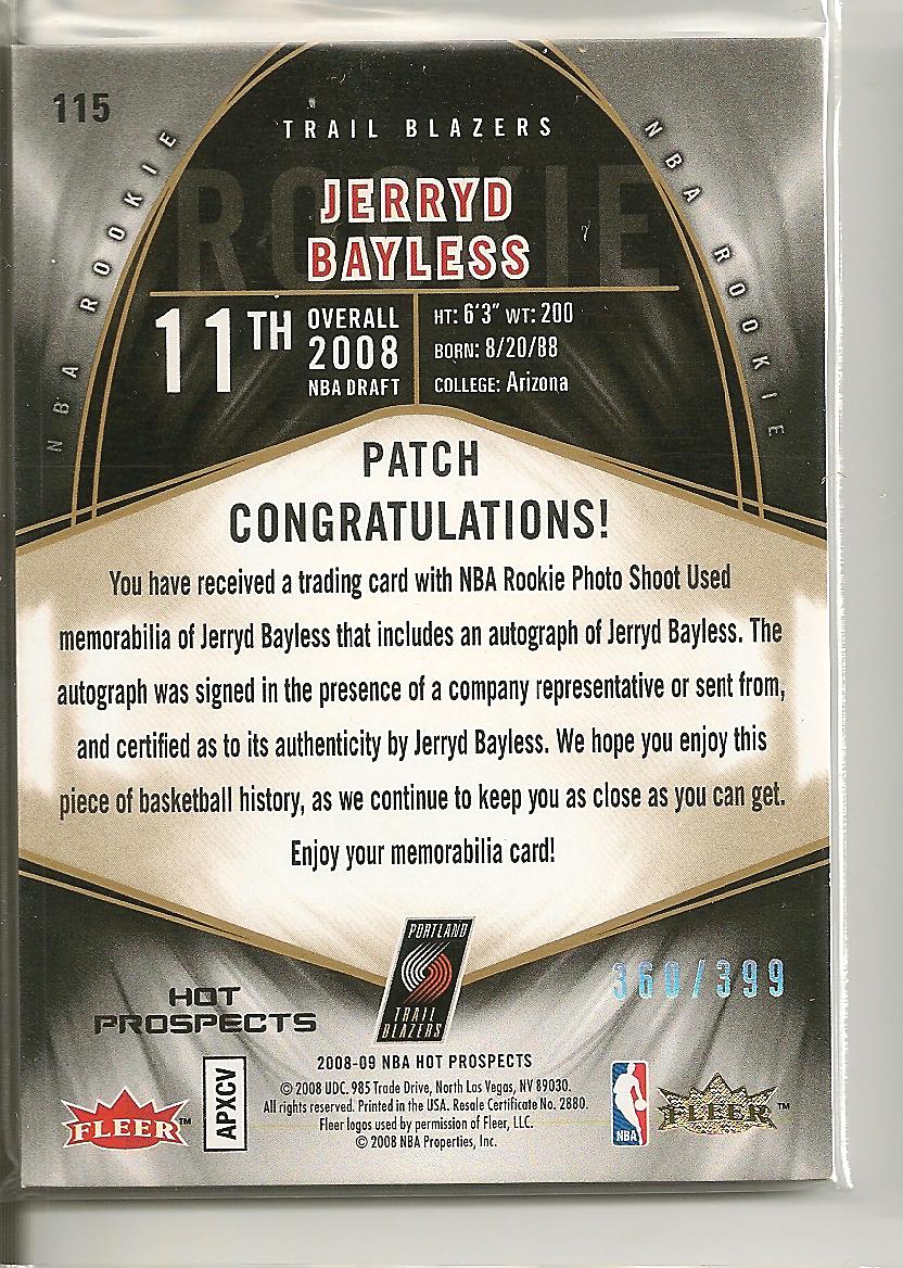 2008-09 Hot Prospects #115 Jerryd Bayless JSY AU RC back image