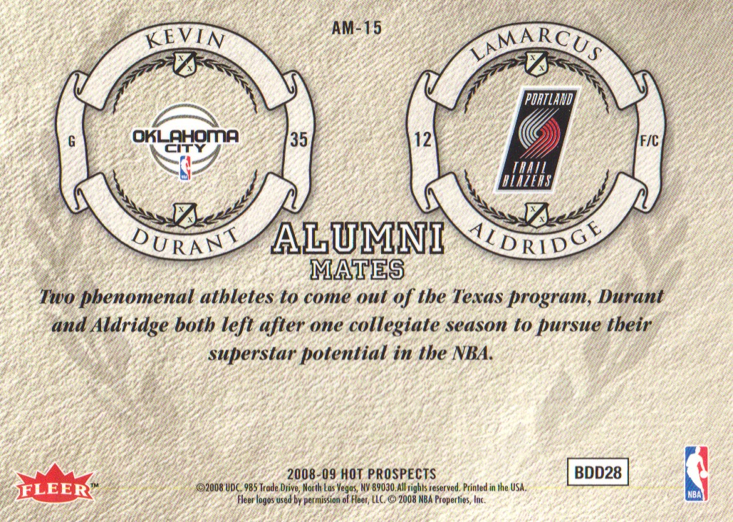2008-09 Hot Prospects Alumni Mates #AM15 Kevin Durant/LaMarcus Aldridge back image