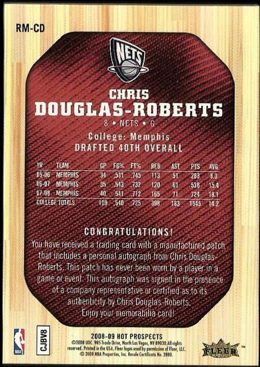 2008-09 Hot Prospects Rookie Materials Autographs Patches #RMCD Chris Douglas-Roberts back image