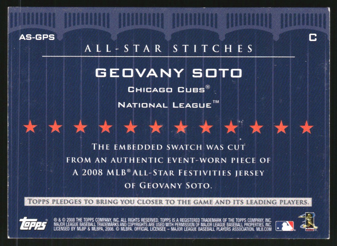 2008 Topps Update All-Star Stitches Gold #GPS Geovany Soto back image