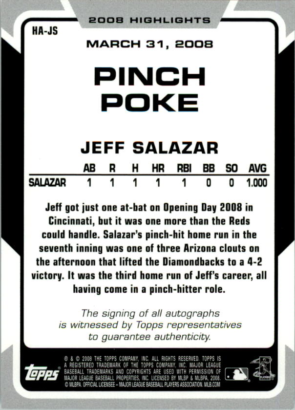 2008 Topps Highlights Autographs #JS Jeff Salazar G UPD back image