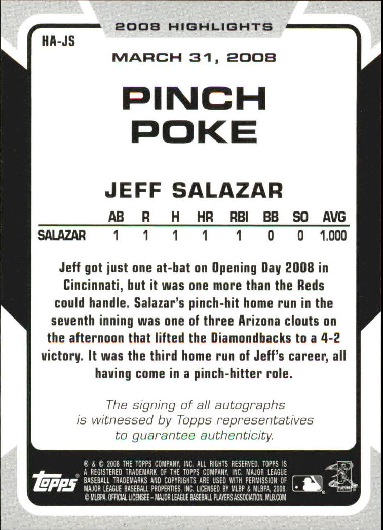 2008 Topps Highlights Autographs #JS Jeff Salazar G UPD back image
