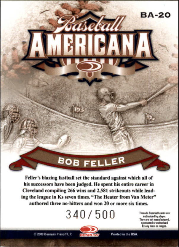 2008 Donruss Threads Baseball Americana #20 Bob Feller back image