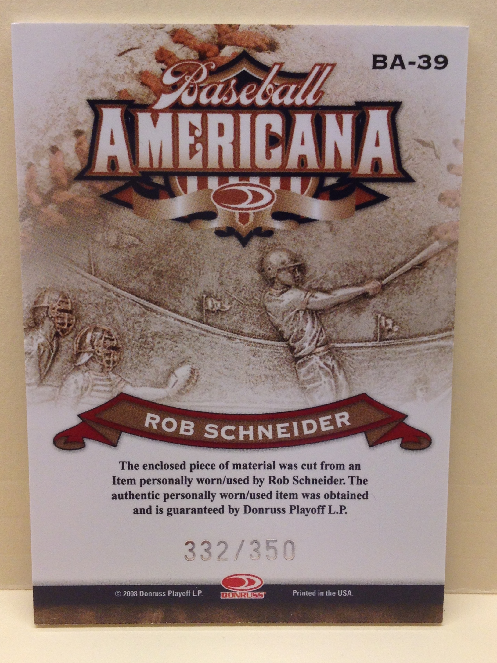 2008 Donruss Threads Baseball Americana Materials #39 Rob Schneider/350 back image