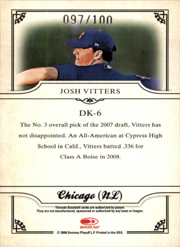 2008 Donruss Threads Diamond Kings Framed Red #6 Josh Vitters back image