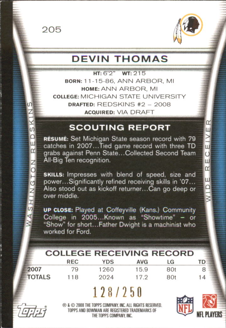 2008 Bowman Orange #205 Devin Thomas back image