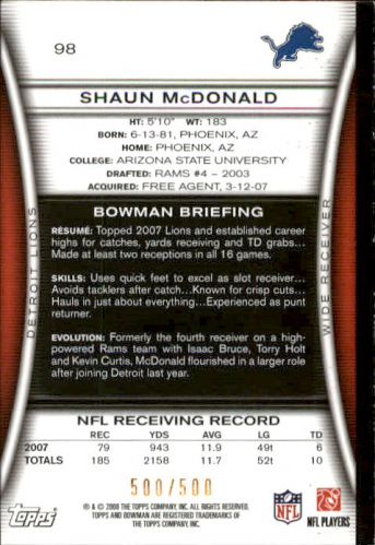 A5003- 2008 Bowman Football Cards 251-275 +Inserts -You Pick- 15+ FREE US SHIP - Picture 57 of 374