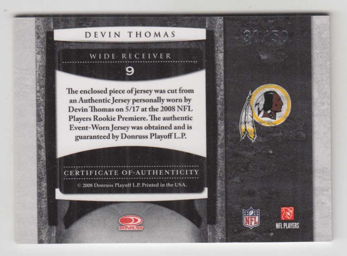 2008 Leaf Limited Rookie Jumbo Jerseys #9 Devin Thomas back image