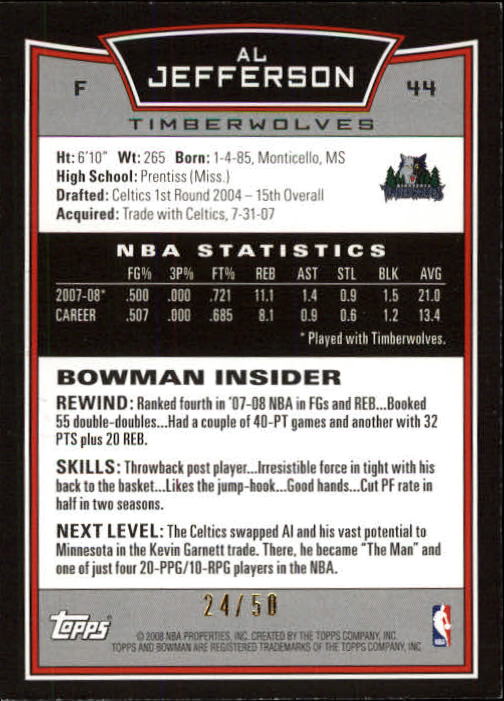 2008-09 Bowman Gold #44 Al Jefferson back image
