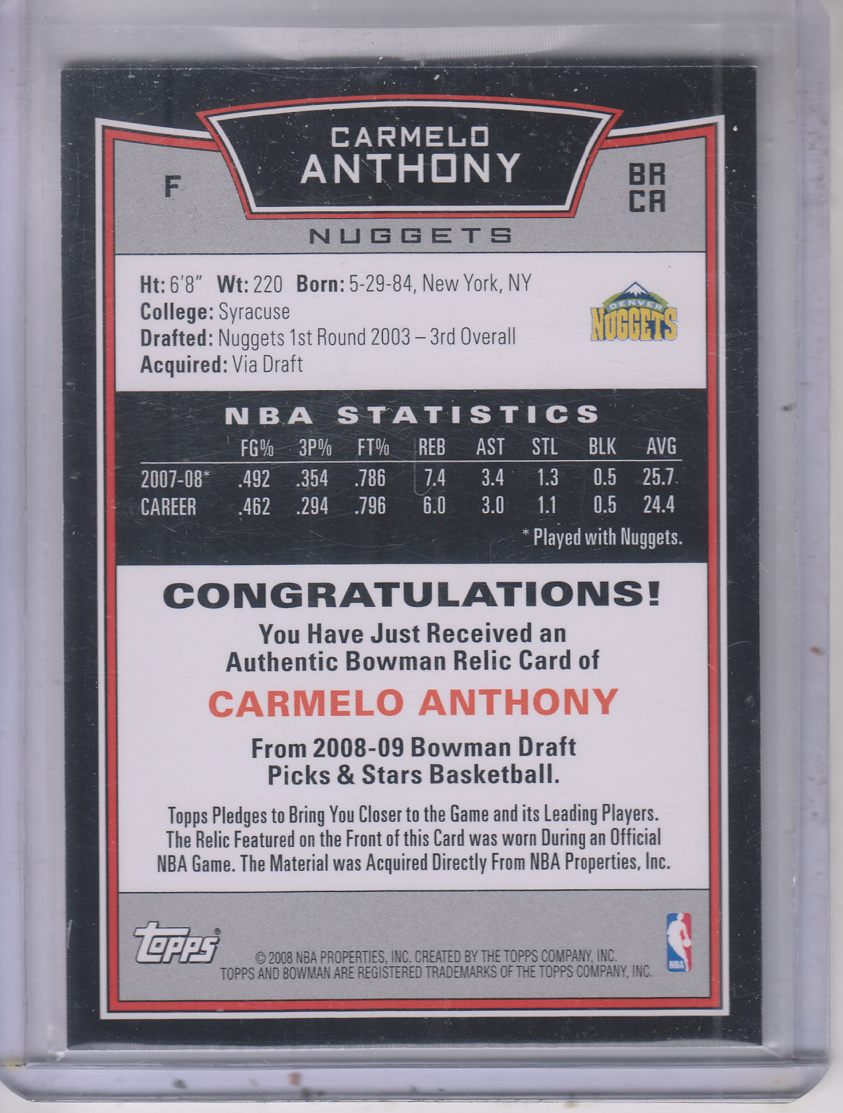 2008-09 Bowman Relics #BRCA Carmelo Anthony back image