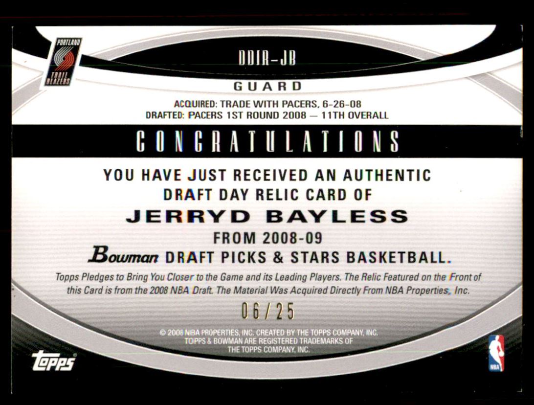 2008-09 Bowman Draft Day Issue Relics Orange #DDIRJB Jerryd Bayless back image