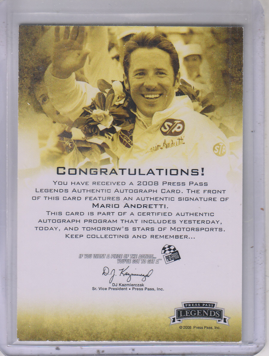 2008 Press Pass Legends Autographs Blue #MA Mario Andretti/173 back image