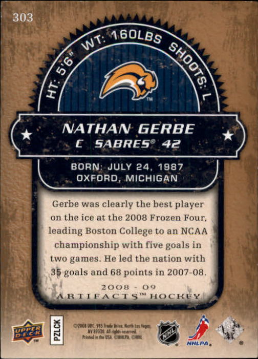 2008-09 Artifacts #303 Nathan Gerbe RC back image