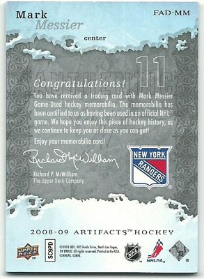 2008-09 Artifacts Frozen Artifacts Jersey Patch Combo Silver #FADMM Mark Messier back image