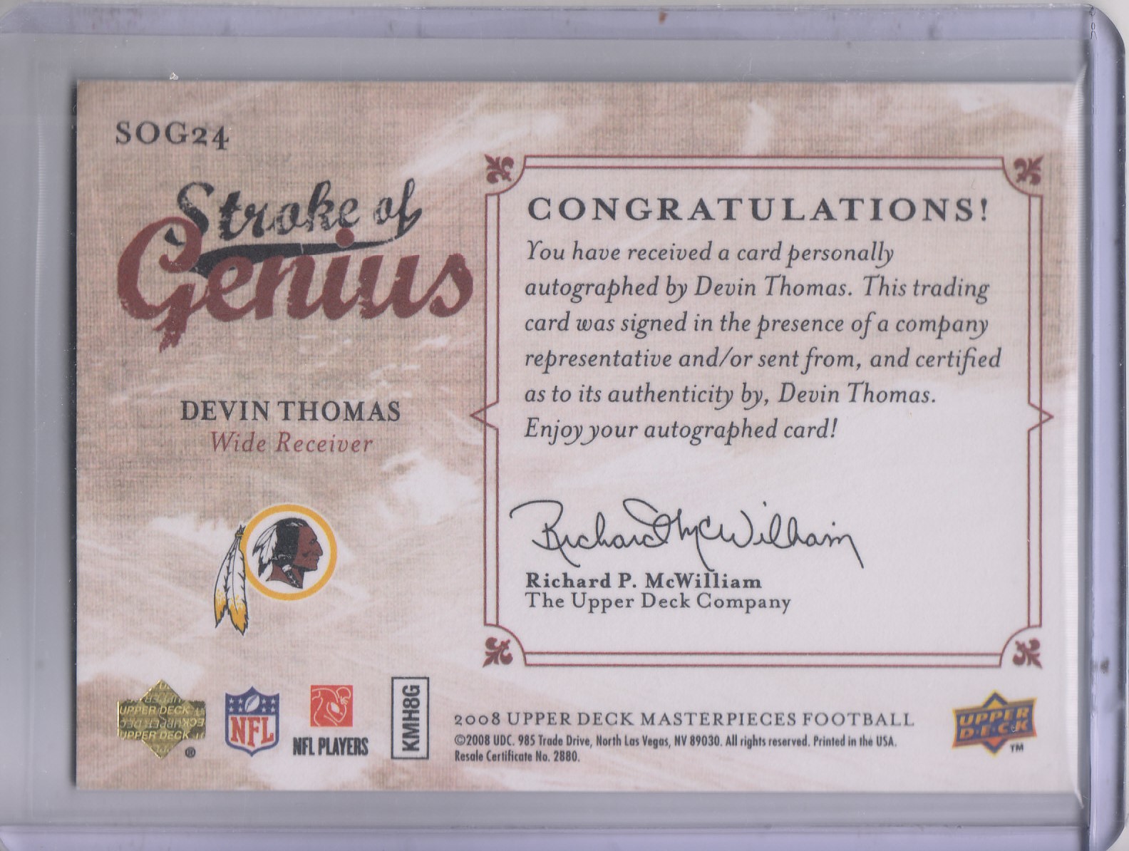 2008 UD Masterpieces Stroke Of Genius Autographs #SOG24 Devin Thomas back image