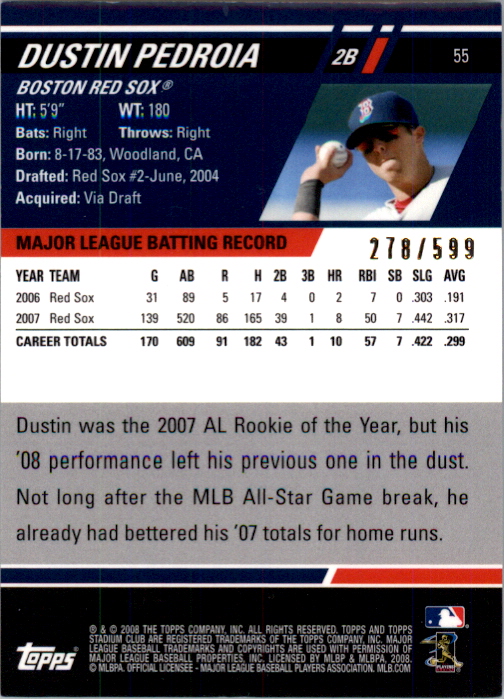 2008 Stadium Club First Day Issue #55 Dustin Pedroia back image