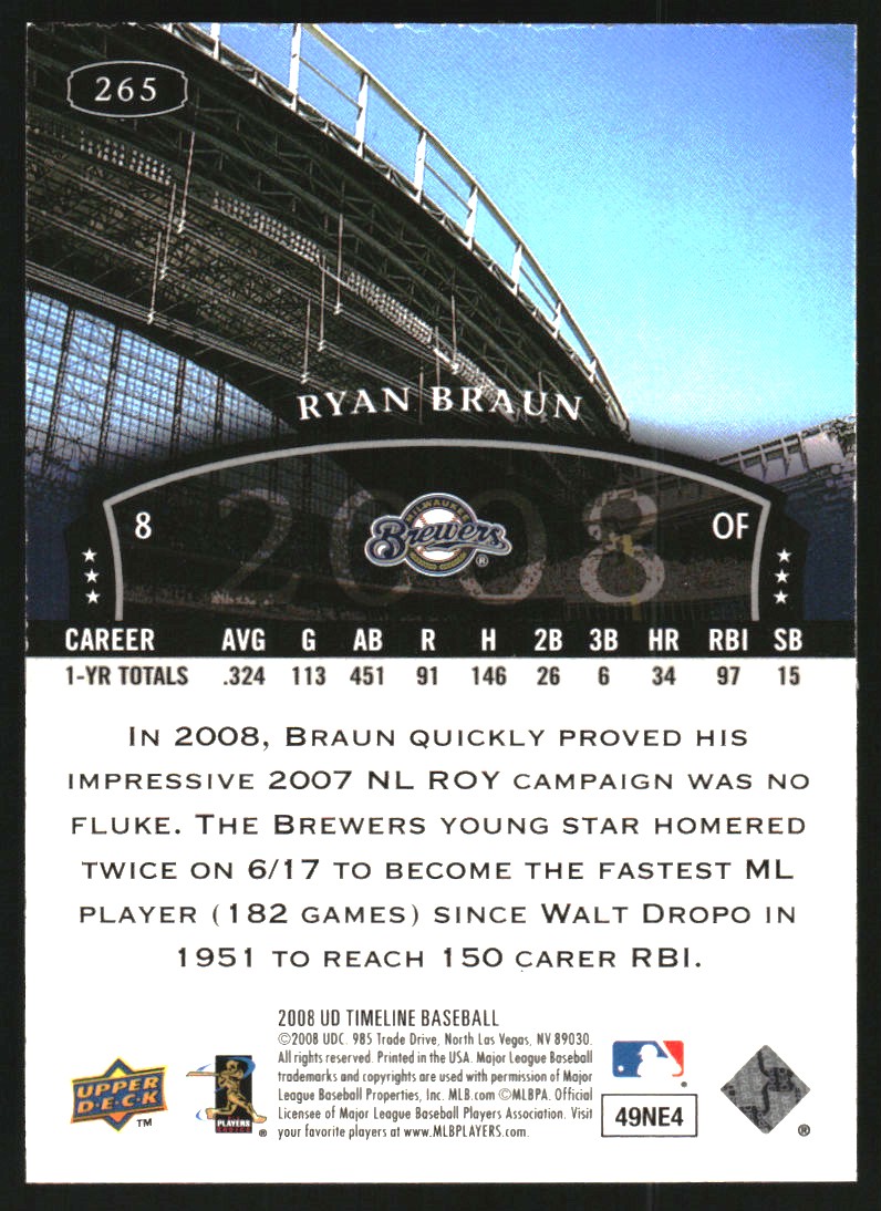 2008 Upper Deck Timeline 2004 UD Timeless Teams Gold #265 Ryan Braun - NM-MT