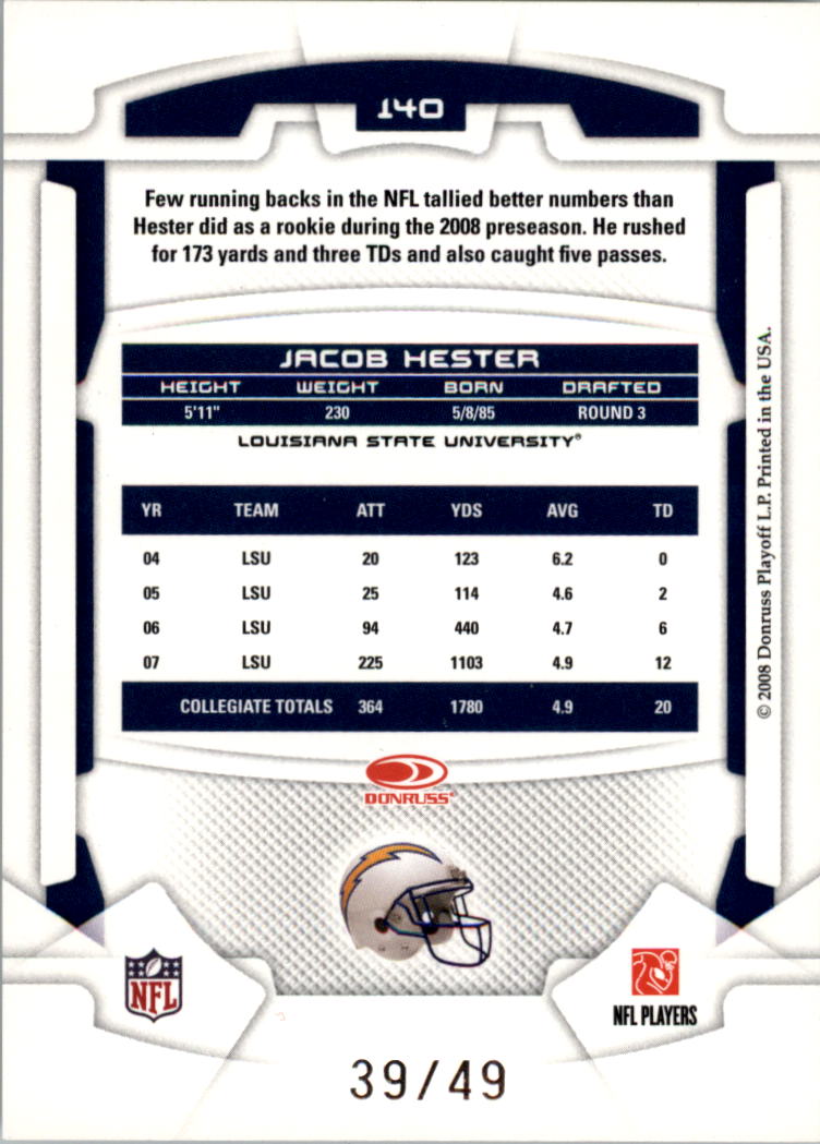 2008 Leaf Rookies and Stars Longevity Parallel Gold #140 Jacob Hester back image