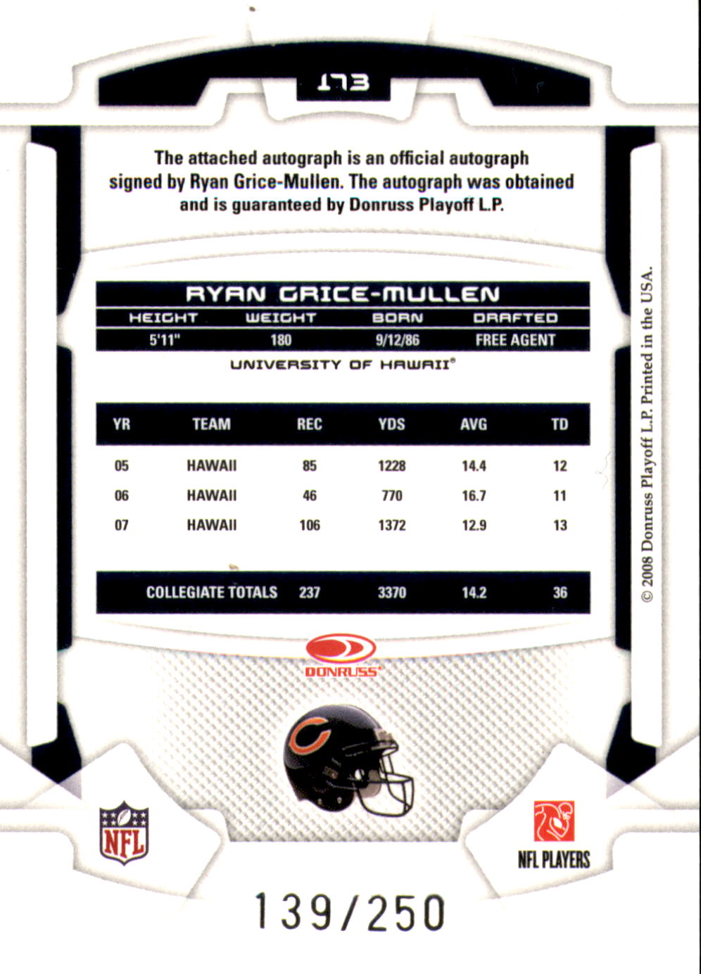 2008 Leaf Rookies and Stars Rookie Autographs Holofoil #173 Ryan Grice-Mullen/250 back image