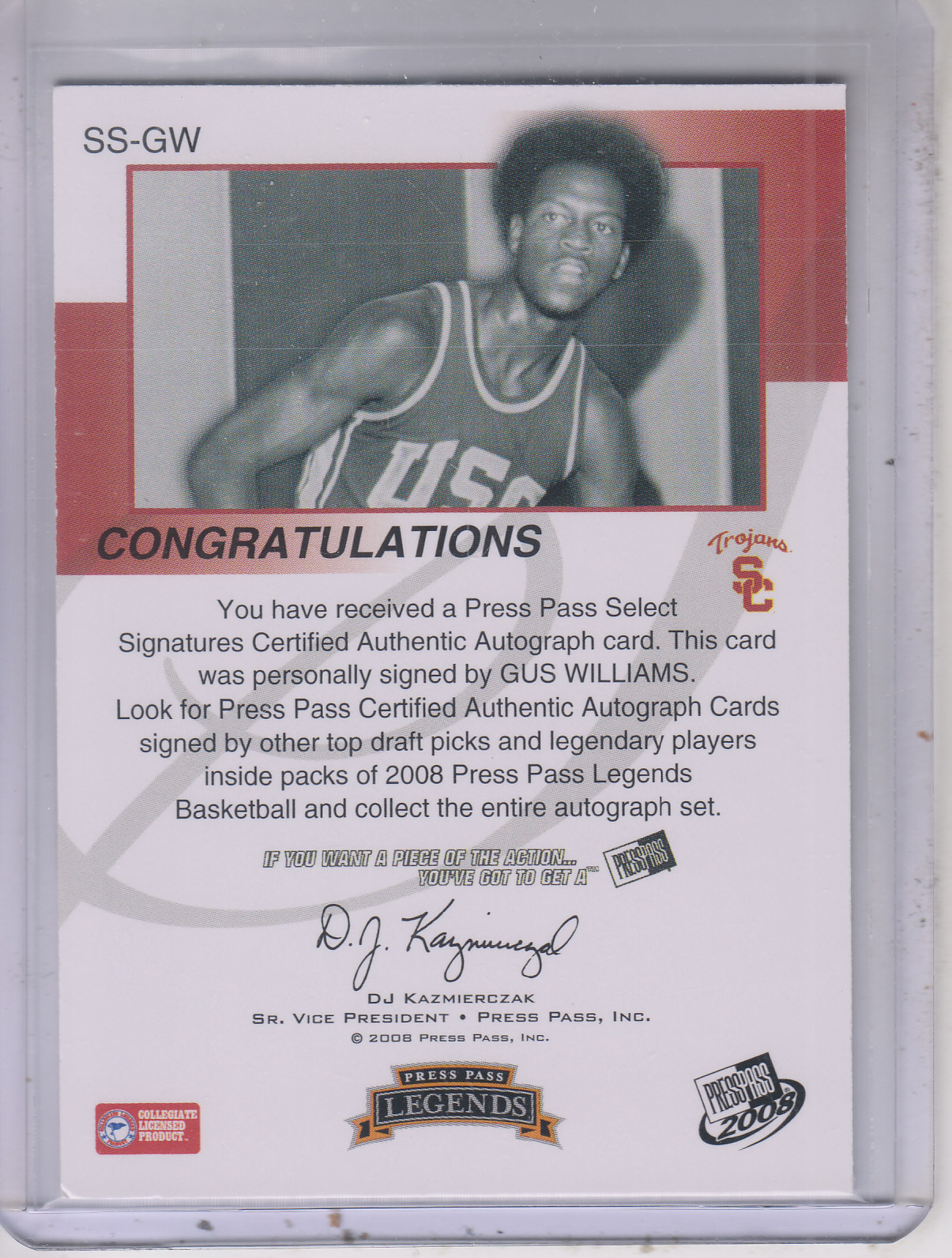 2008-09 Press Pass Legends Select Signatures #GW2 Gus Williams Red/125* back image