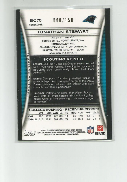 2008 Bowman Chrome Blue Refractors #BC75 Jonathan Stewart back image