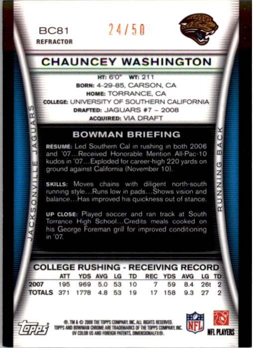 2008 Bowman Chrome Gold Refractors #BC81 Chauncey Washington back image