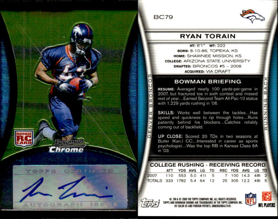 2008 Bowman Chrome Rookie Autographs #BC79 Ryan Torain G